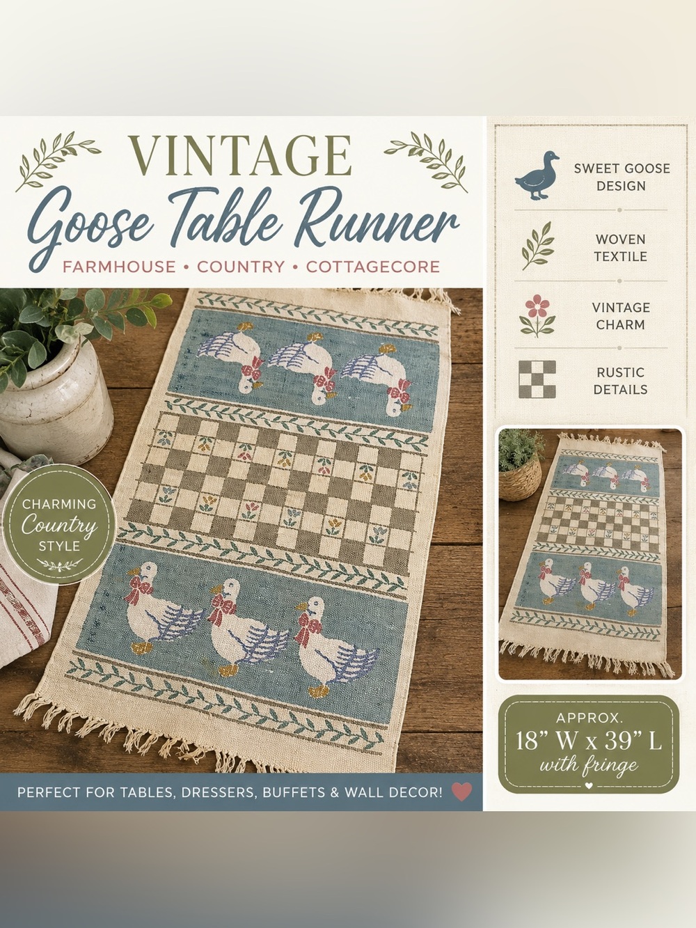 Sweet Goose Vintage-Style Table Runner in Blue and Cream